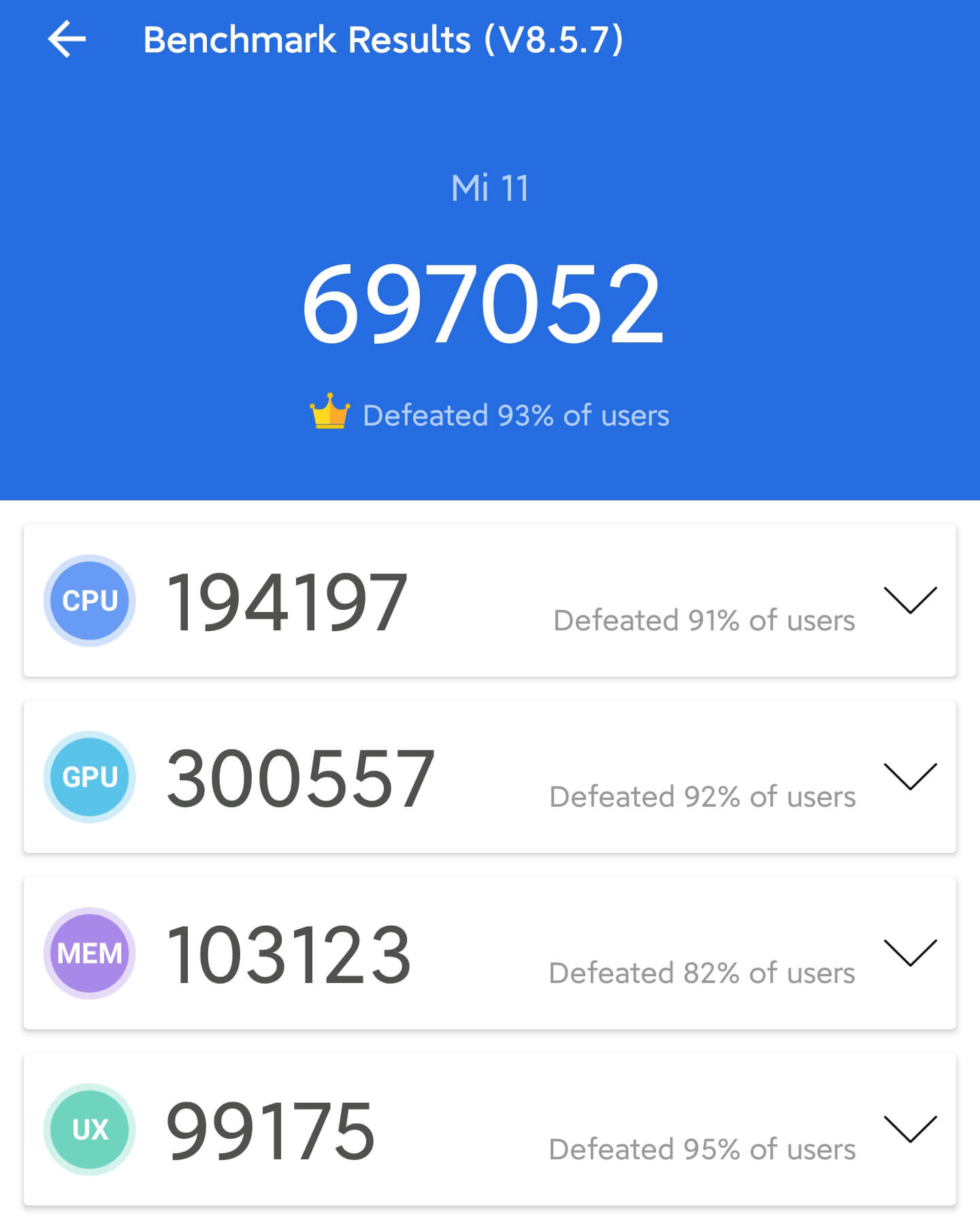Xiaomi Mi 11のAntutuベンチマークスコア計測1回目は697052