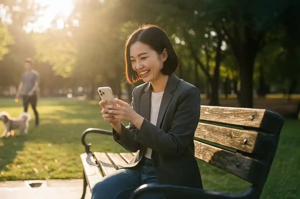 スマートフォンで動画を観る笑顔の女性