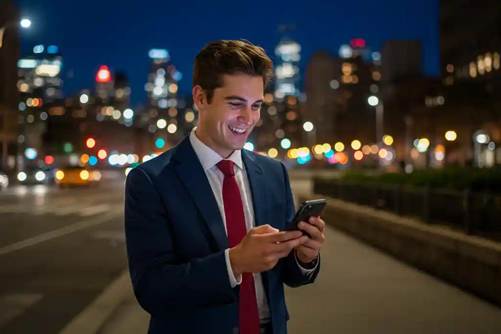 スマートフォンを持つ笑顔の男性