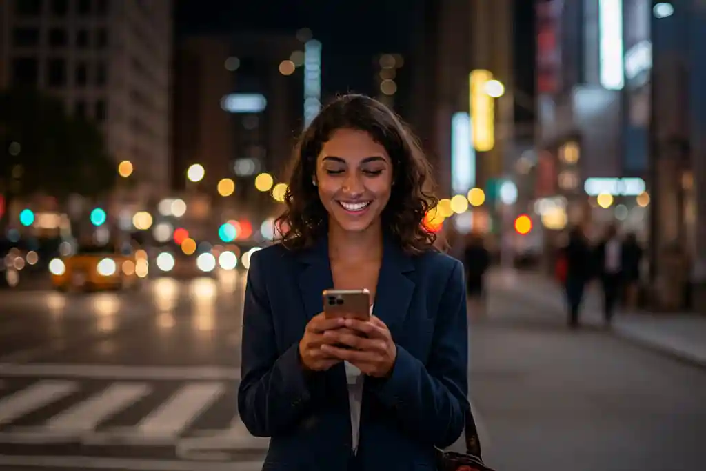 スマートフォンを持つ笑顔の女性