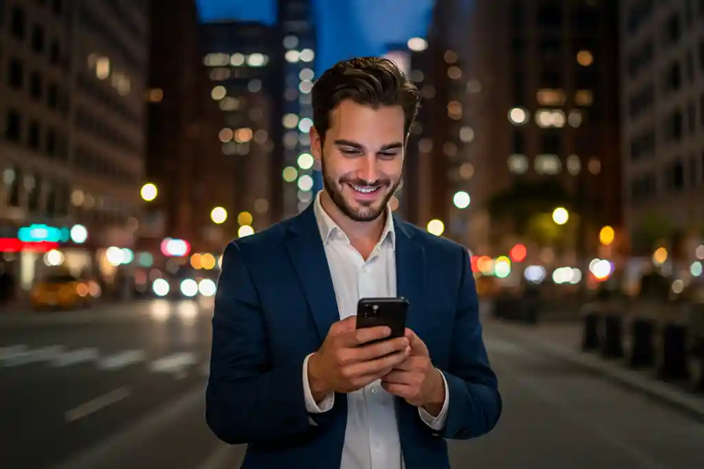 スマートフォンを持つ笑顔の男性