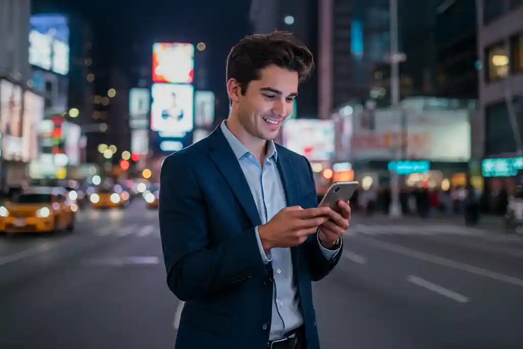 スマートフォンを持つ笑顔の男性