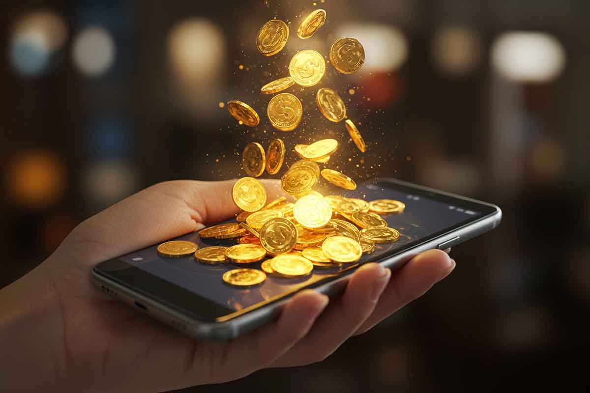スマートフォンから溢れる金貨