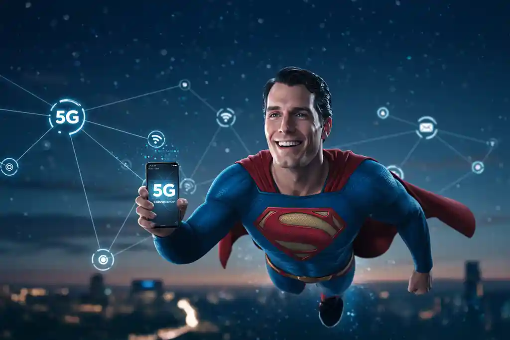 スマートフォンを持つスーパーマン