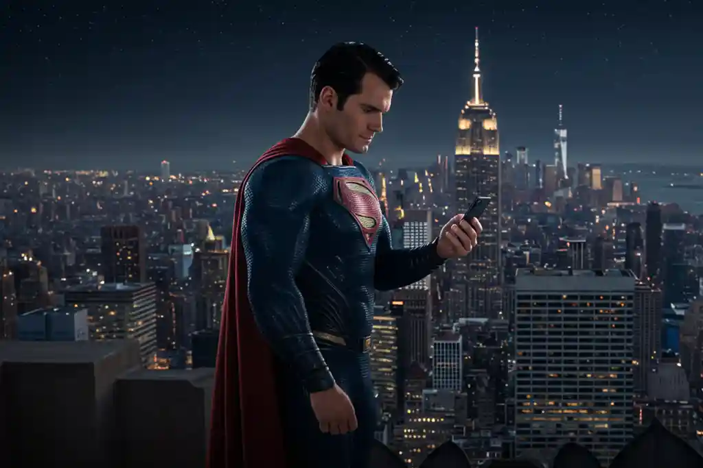 スマートフォンを持つスーパーマン