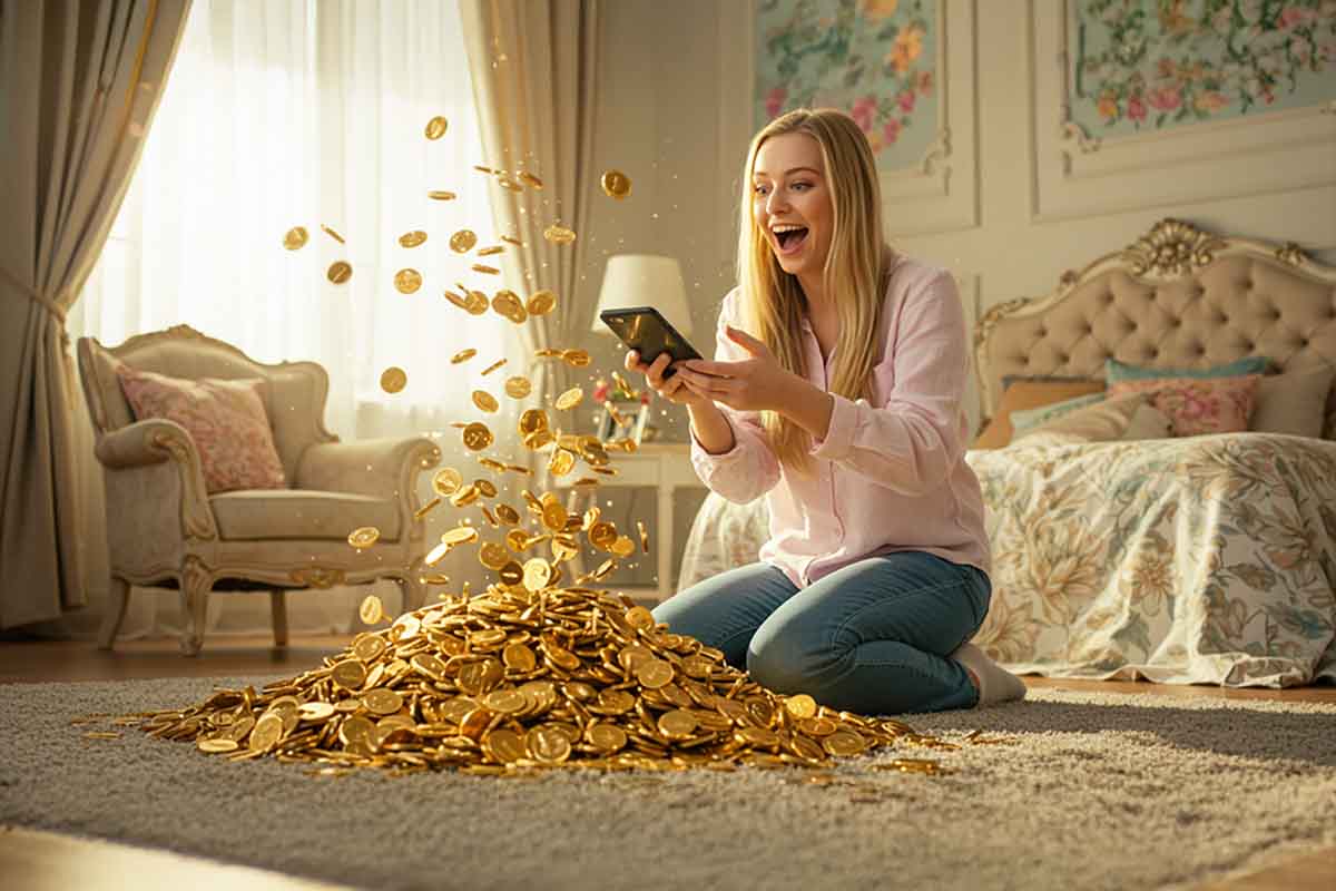 スマートフォンから金貨が出てきて驚く女性