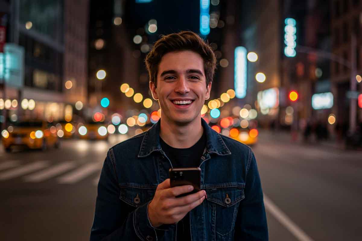 スマートフォンを持つ笑顔の男性