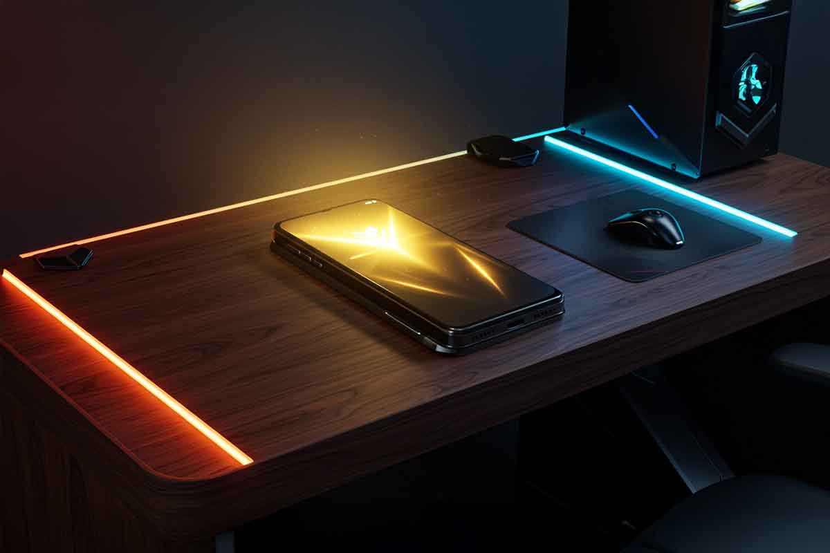 机の上で光るスマホ