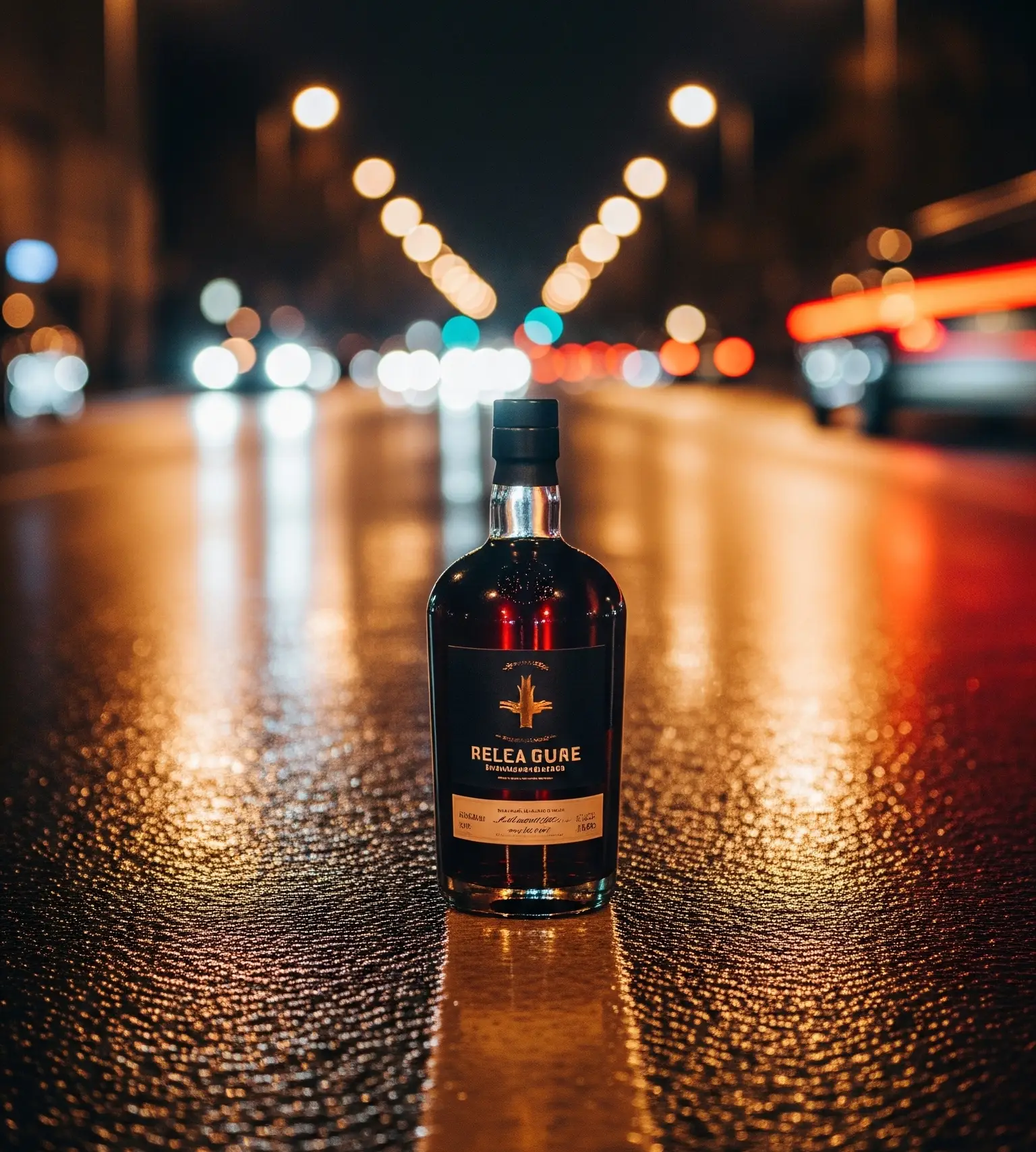 「RELEA DURE」のボトルを、夜の濡れた路面に置いて撮影したクローズアップ写真。背景には街灯や車の光が美しい玉ボケとなって広がっている。
