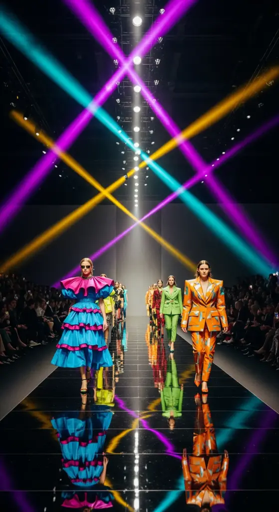 ファッションショーのランウェイ写真。鮮やかな青、マゼンタ、黄色の光線が交差する中、カラフルで大胆なデザインの衣装を着用したモデルたちが歩いている。
