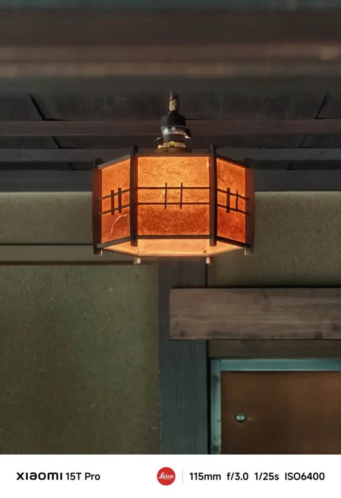 Xiaomi 15T Proで撮影した和風の吊り下げランプのクローズアップ（115mm望遠、超高感度ISO6400作例）