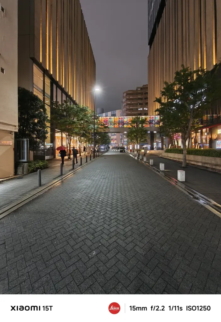 Xiaomi 15Tの超広角カメラで撮影した並木道の夜景。建物の照明と街路樹が整然と並び、都会的な奥行きを感じさせる構図