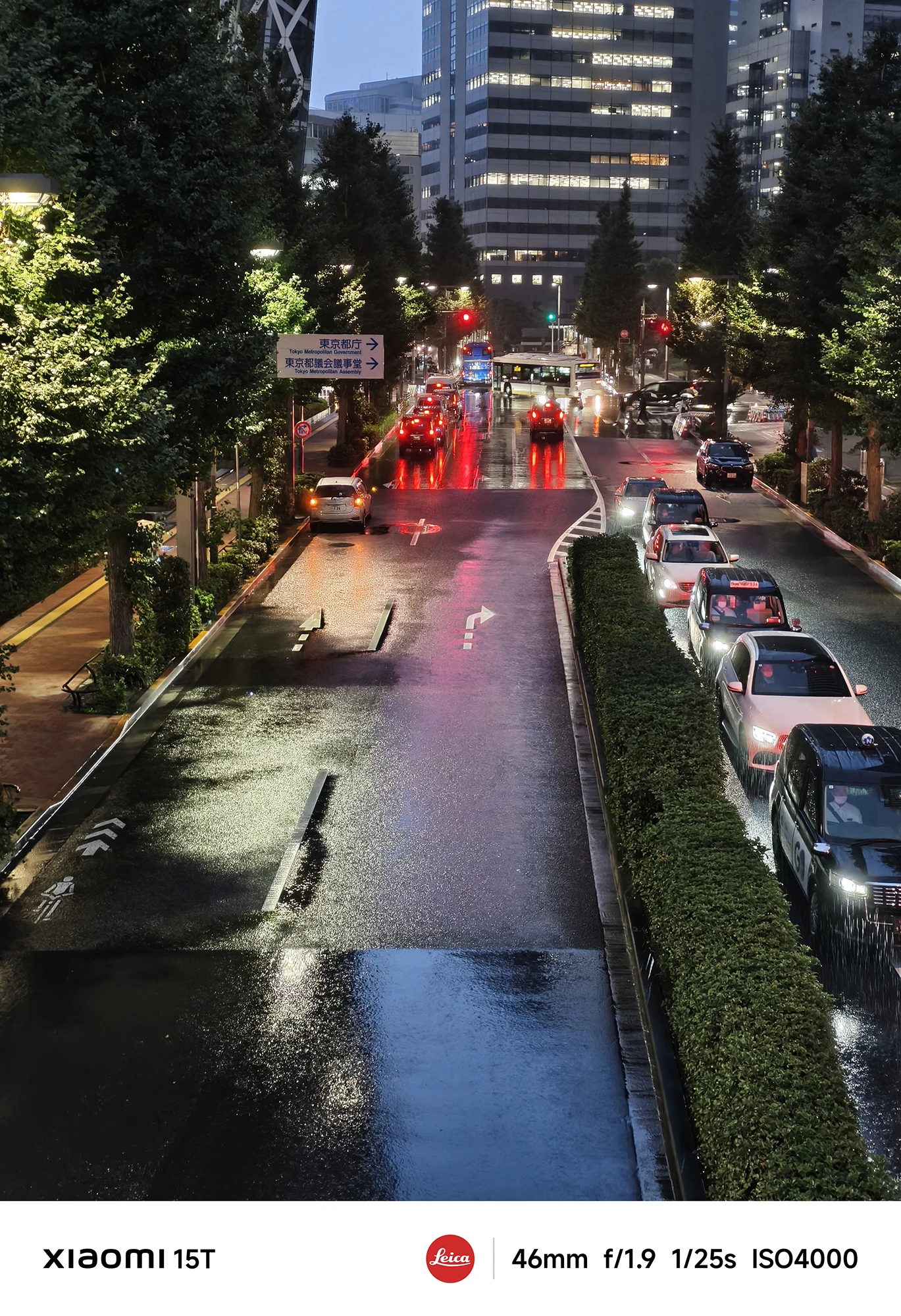 夜の雨に濡れた都市の道路。交通渋滞で車が並んでおり、テールランプの赤色が濡れた路面に強く反射している。両脇には街路樹と高層ビルが見える。撮影データ: 46mm, f/1.9, 1/25s, ISO4000。