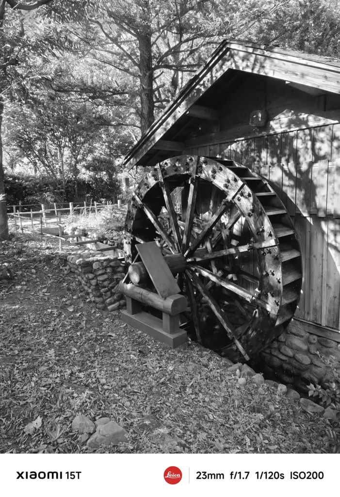 Xiaomi 15TのLeicaモノクロフィルターで撮影した水車小屋。木立の陰影と水車の質感を精緻に描き、情緒的な一枚に仕上がる