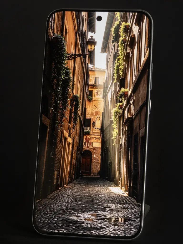 Xiaomi 15Tのディスプレイに欧州の路地裏を表示