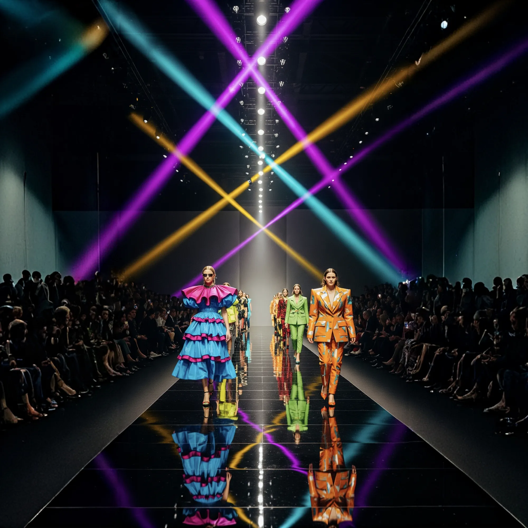 正方形(1:1)にトリミングされたファッションショーのランウェイ写真。鮮やかな青、紫、黄色の光線が交差する中、カラフルな衣装のモデルたちが歩き、ランウェイに反射している。