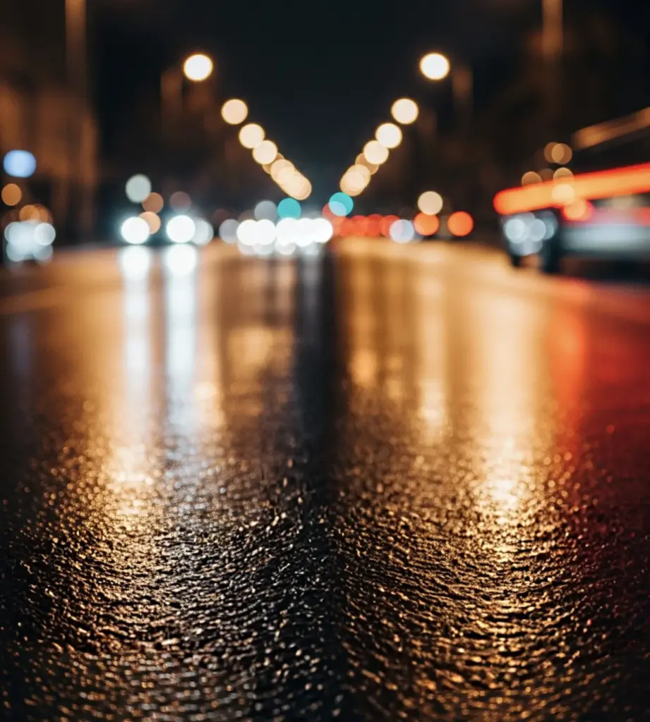 夜の雨上がりの濡れた道路をクローズアップした風景写真。街灯と車の光が、路面に反射し、奥に玉ボケとなって伸びている。