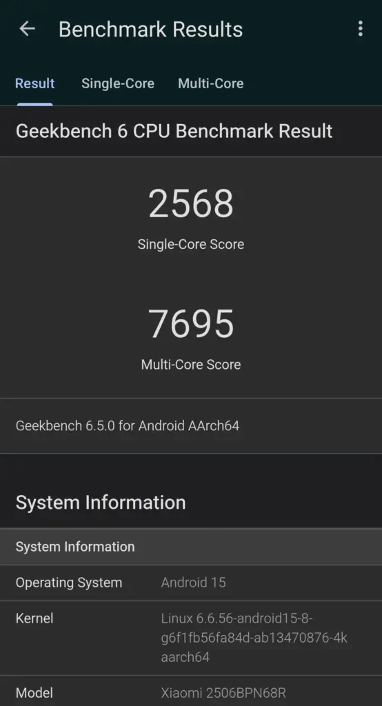 Xiaomi 15T ProのGeekbench 6 CPUベンチマーク結果（シングル2568・マルチ7695）