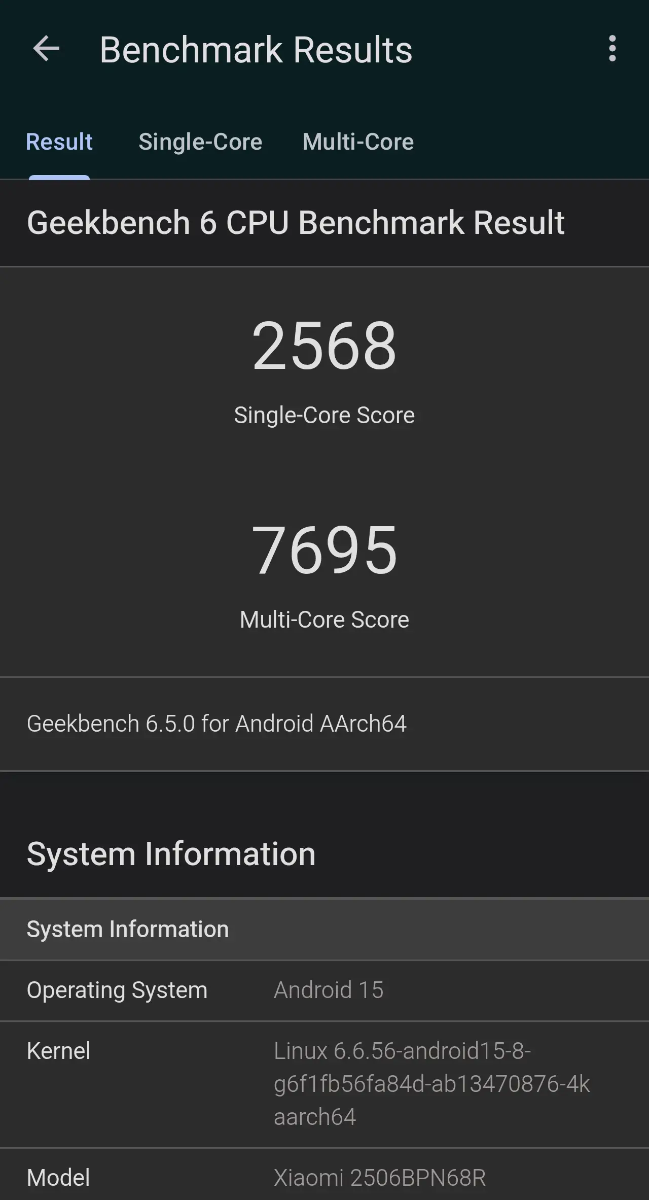 Xiaomi 15T ProのGeekbench6スコア表示画面