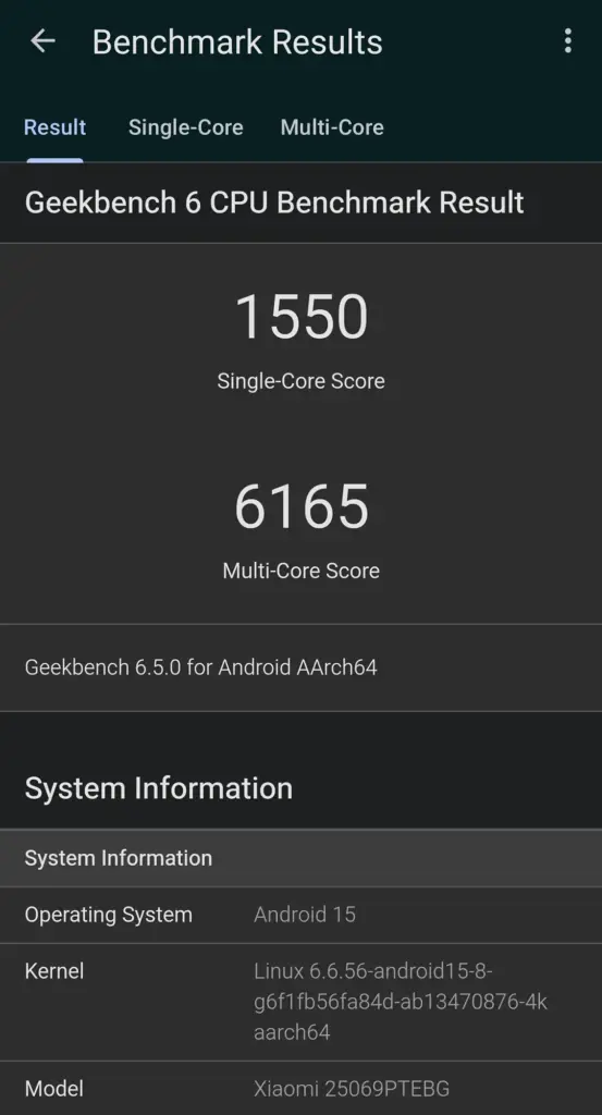 Xiaomi 15のGeekbench 6 CPUベンチマーク結果画面。Single-Core Scoreは 1550、Multi-Core Scoreは 6165。