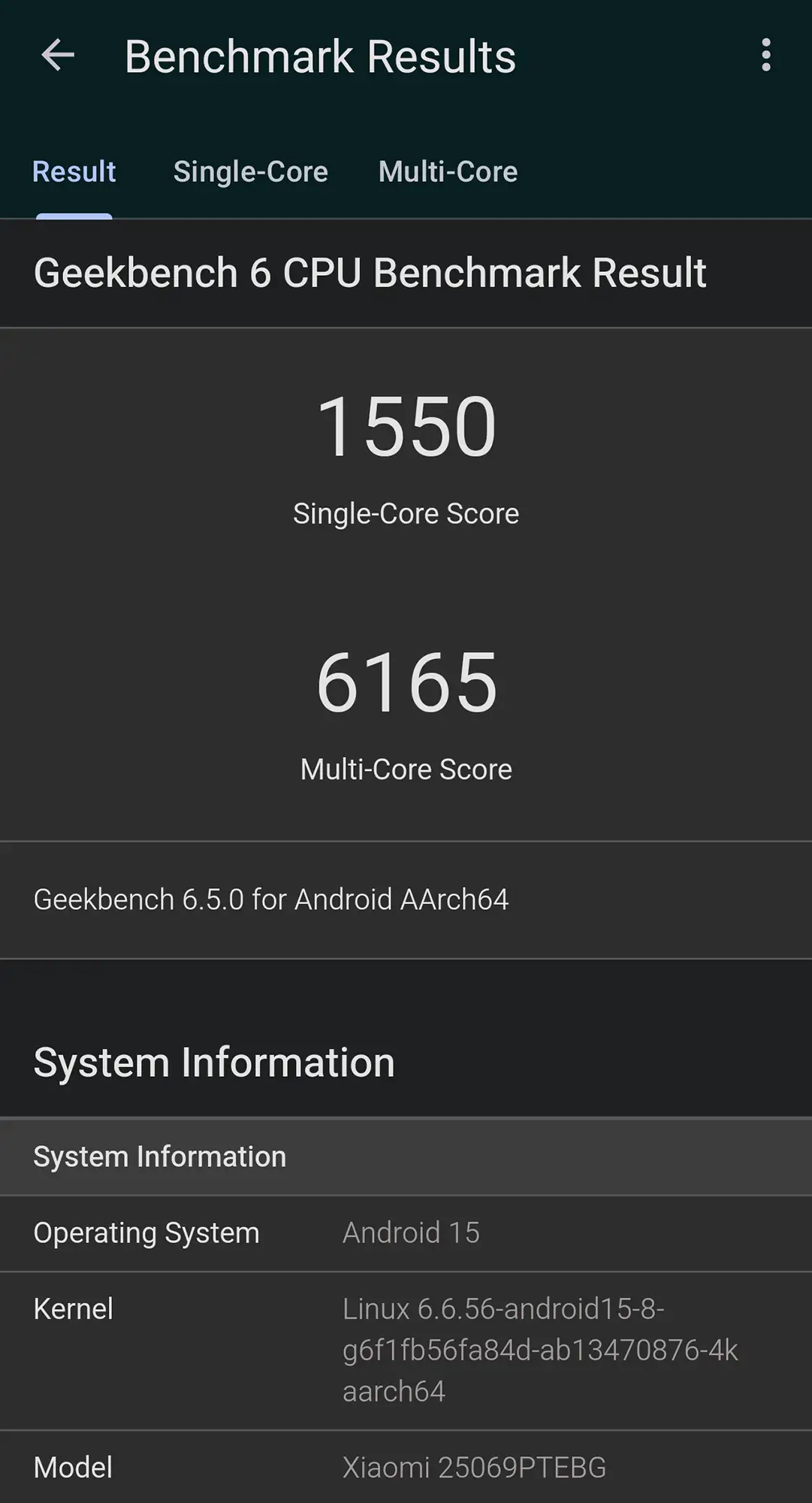 Xiaomi 15のGeekbench 6 CPUベンチマーク結果画面。Single-Core Scoreは 1550、Multi-Core Scoreは 6165。