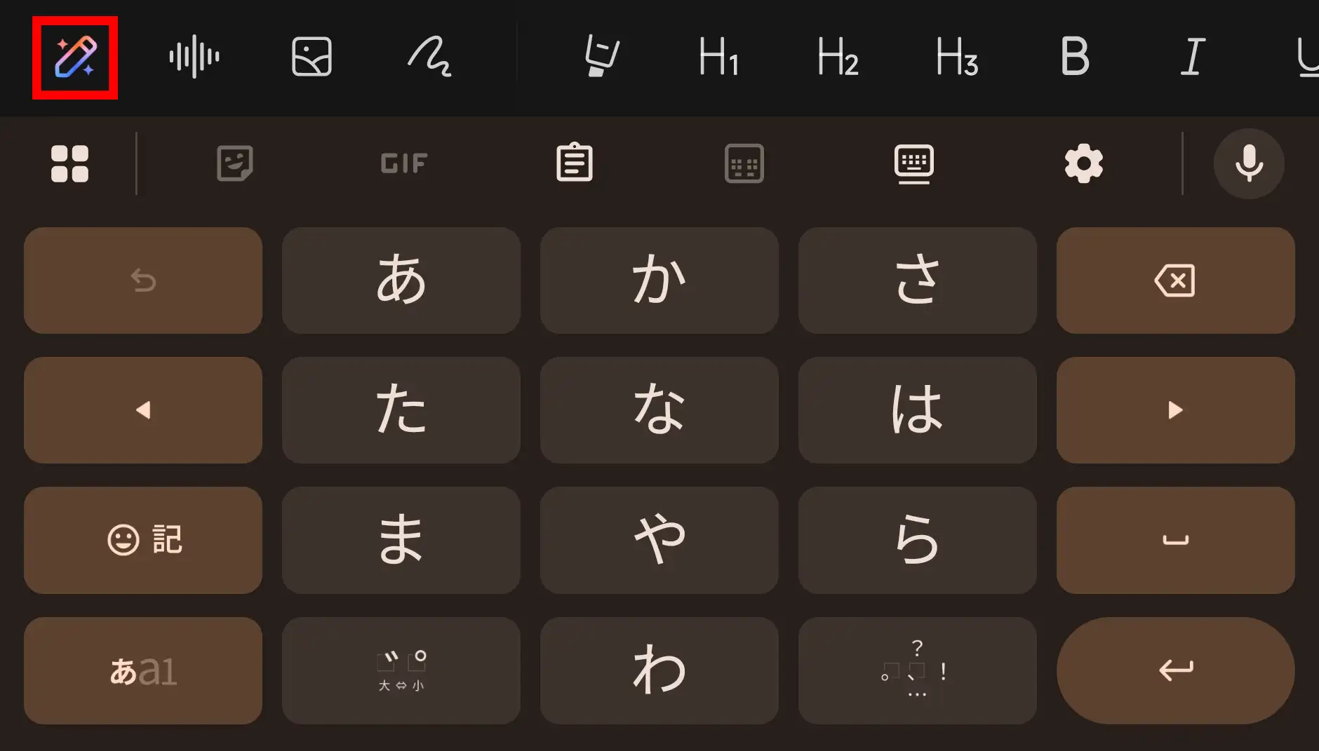 スマートフォン(タブレット)の日本語キーボード画面。キーボードツールバーの左上に、AI ライティング機能(鉛筆アイコン)が赤枠で示されている。