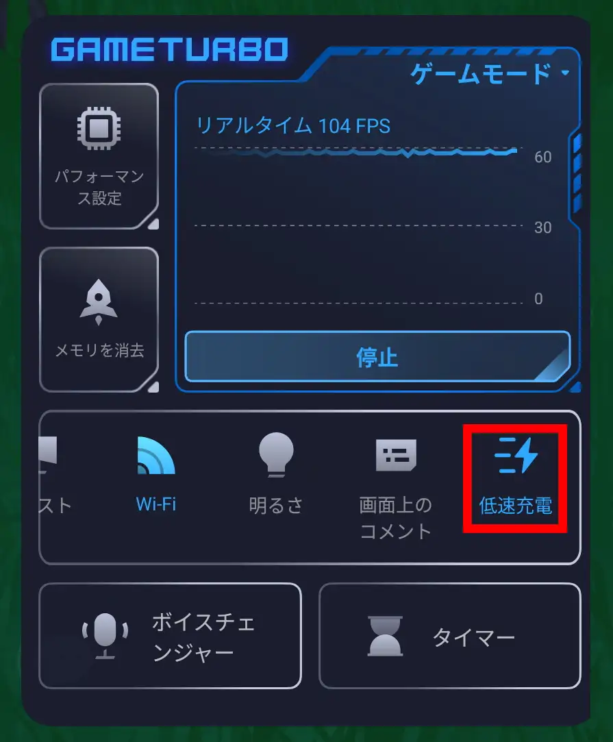 ゲームターボ(GAME TURBO)のオーバーレイ画面。「低速充電」機能が赤枠で強調表示されており、リアルタイム104 FPS、パフォーマンス設定、ボイスチェンジャーなどのオプションも見える。