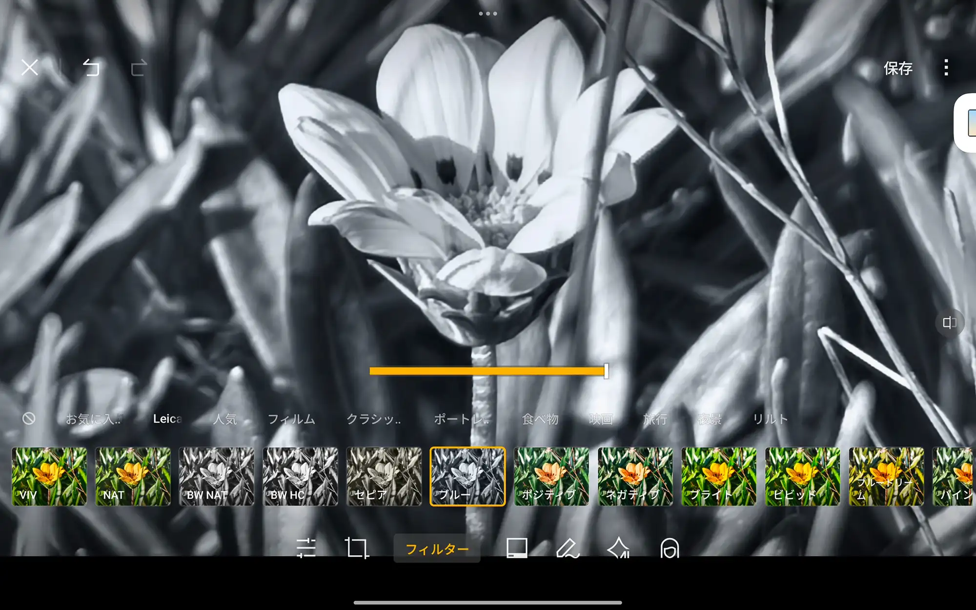 スマートフォンの写真編集アプリで白黒フィルターを適用中の画面。中央には花のクローズアップが表示され、下部には“Leica”や“フィルム”“クラシック”などのフィルター一覧と強度調整バーが並んでいる。