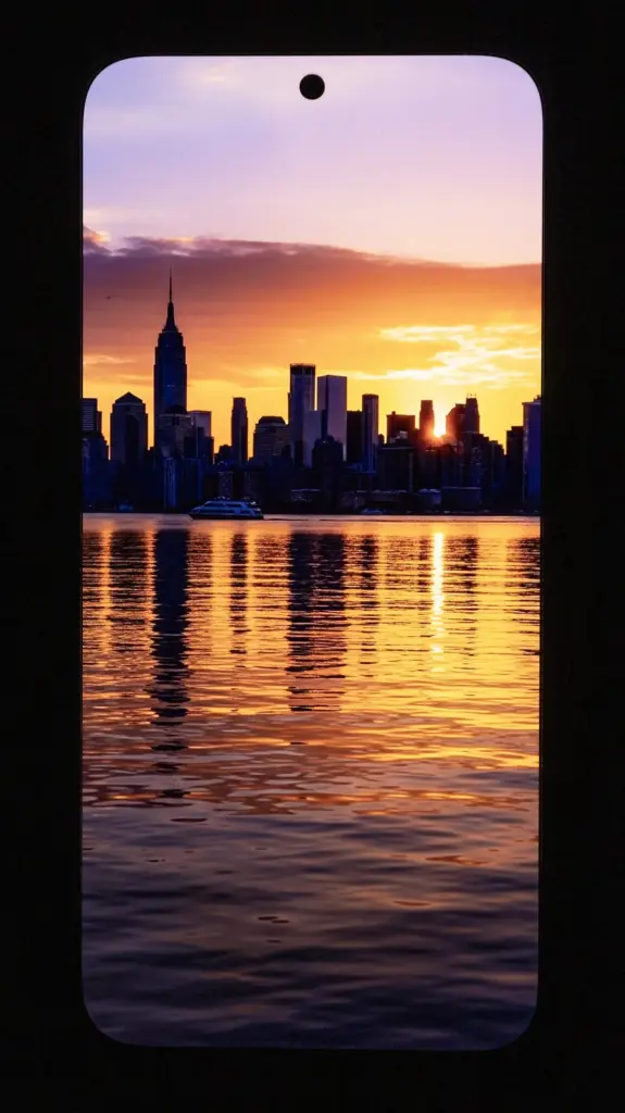 Xiaomi 15T Proのディスプレイに映した夕焼けの都市スカイラインと水面反射