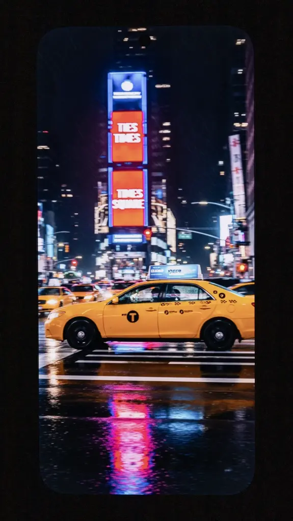 Xiaomi 15T Proのディスプレイに表示した夜のタイムズスクエア、雨に濡れた路面の反射描写