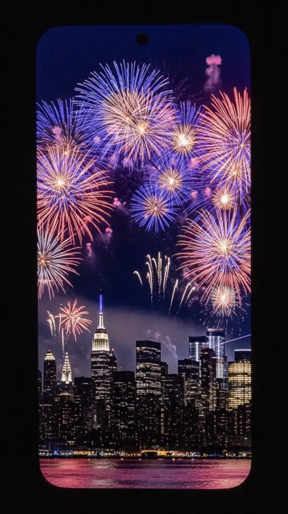 Xiaomi 15T Proのディスプレイ表示、夜空に打ち上がる花火と都市夜景