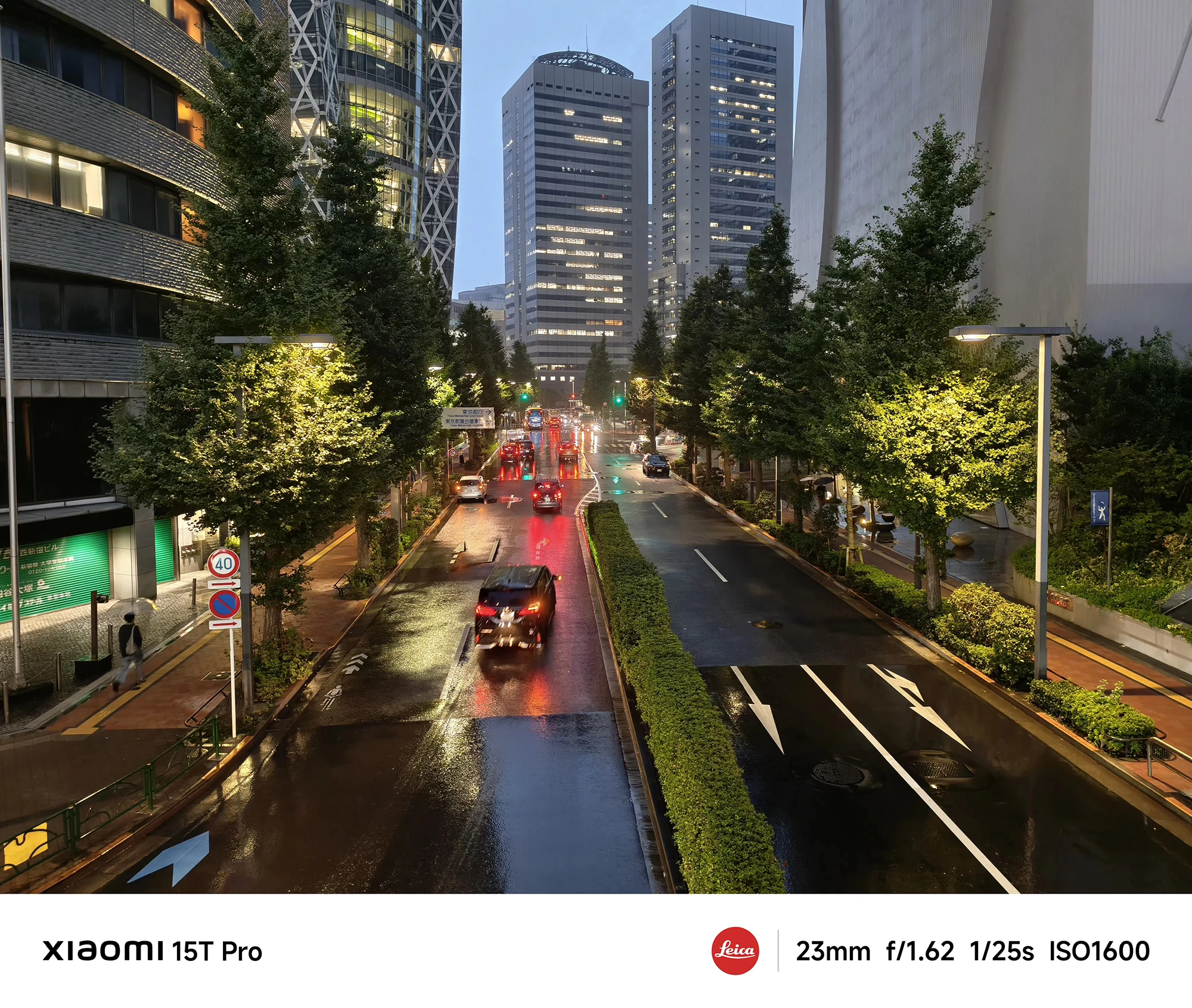 Xiaomi 15T Proで撮影した新宿の高層ビル街の道路と街路樹の夜景（23mm広角、濡れた路面）