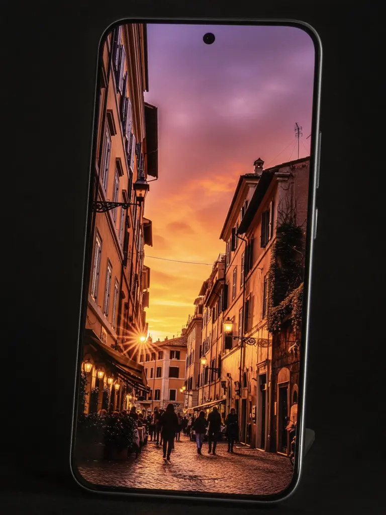 Xiaomi 15Tのディスプレイに夕焼けと町並みを表示