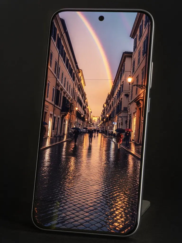 Xiaomi 15Tのディスプレイに虹がかかる町並みを表示