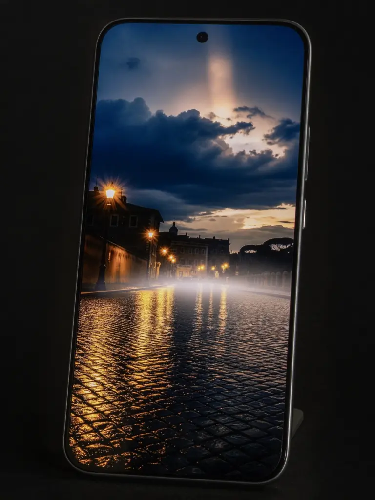Xiaomi 15Tのディスプレイに夜の町並みと街灯を表示