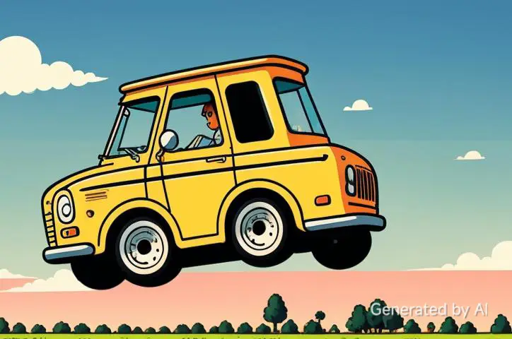 デバイスの 画像生成機能によるイラスト。空中に浮かぶ黄色いレトロデザインの車(クラシックカー)が描かれており、背景は青空と野原。