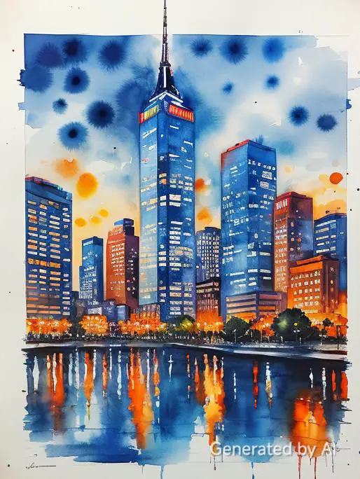 水面に反射する高層ビル群の夜景を、青とオレンジのコントラストで描いた幻想的な都市イラスト。空にはインクがにじむような模様が広がり、暖かな街灯が並木道を照らしている。