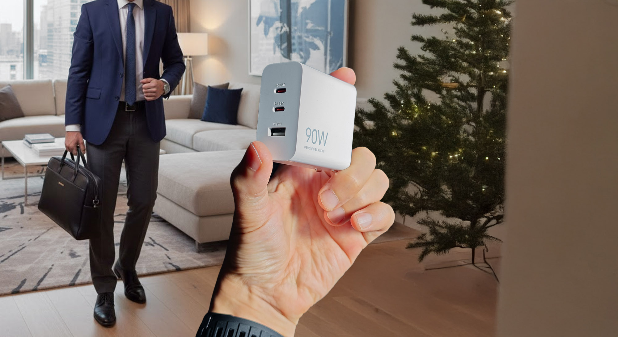 Xiaomi 90W 3ポート GaN (窒化ガリウム) 急速充電器の携帯性イメージ。出張や旅行に最適なコンパクトなUSB充電器。