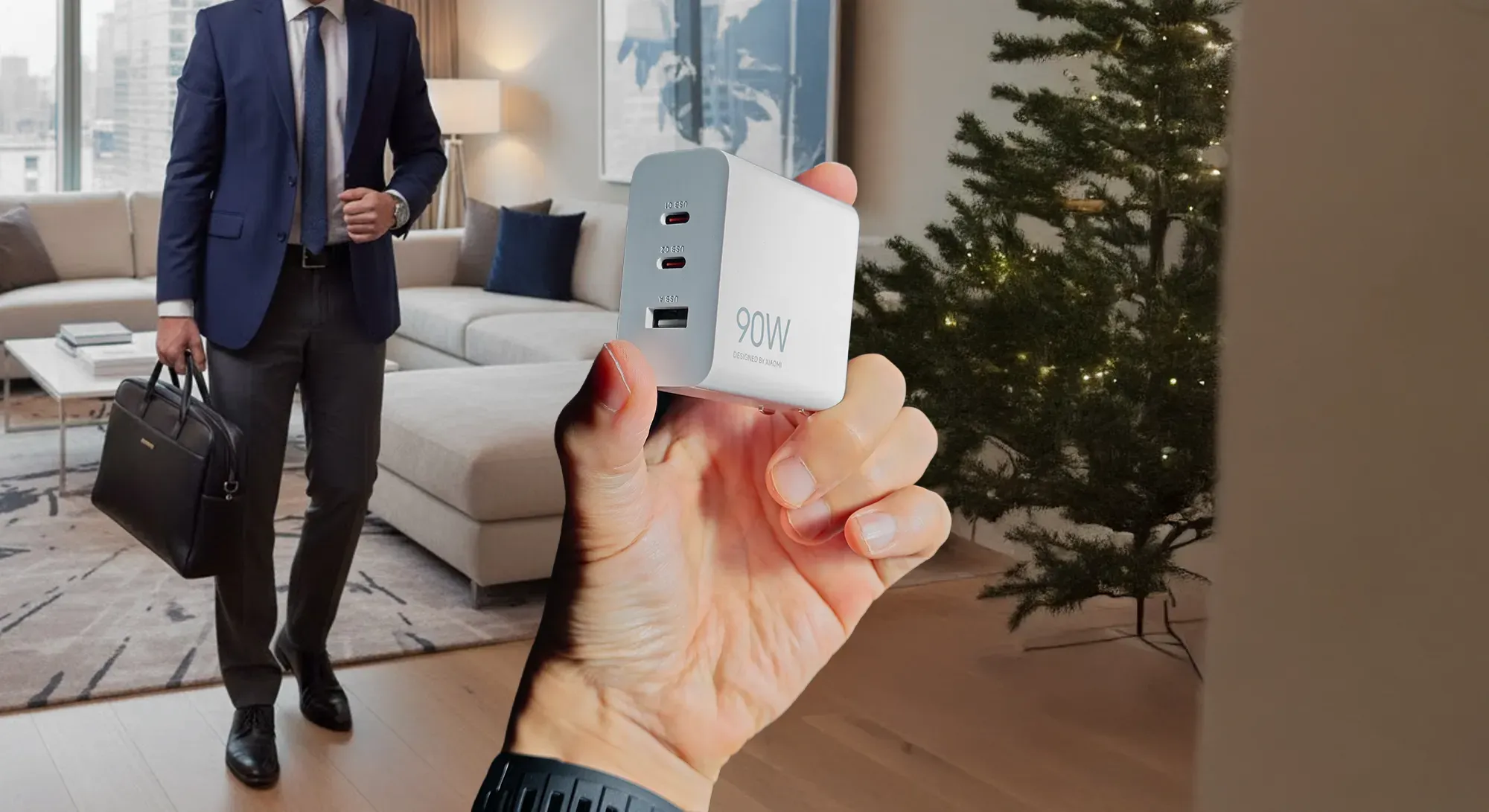 Xiaomi 90W 3ポート GaN (窒化ガリウム) 急速充電器の携帯性イメージ。出張や旅行に最適なコンパクトなUSB充電器。