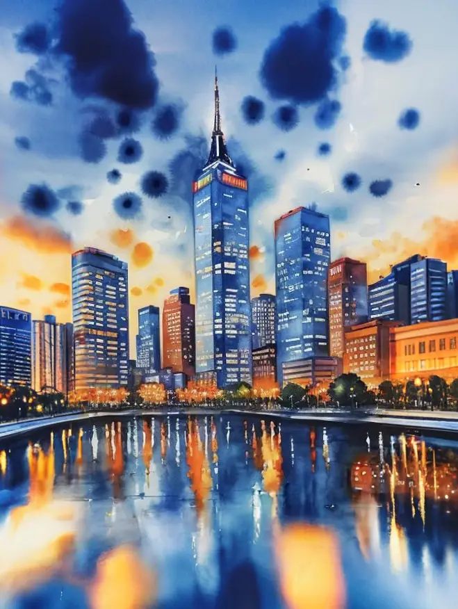 夕暮れの都市を描いた鮮やかな水彩風イラスト。青とオレンジの高層ビルが立ち並び、中央の尖塔ビルを中心に水面へと光が反射している。空にはインクのような濃紺のしみが広がり、幻想的な雰囲気を演出している。