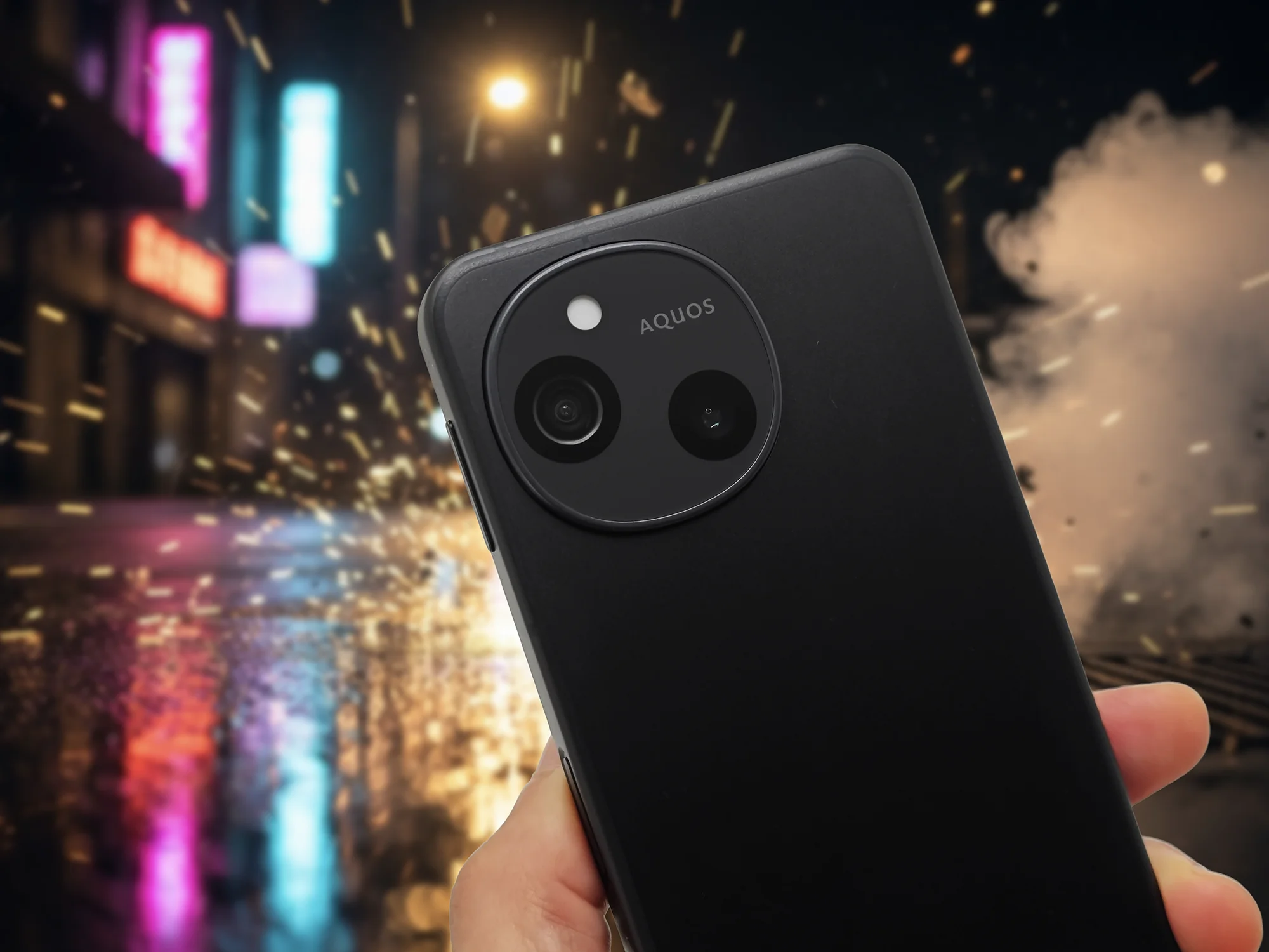 夜景を背景にしたAQUOSスマートフォンの背面デザインとカメラユニット