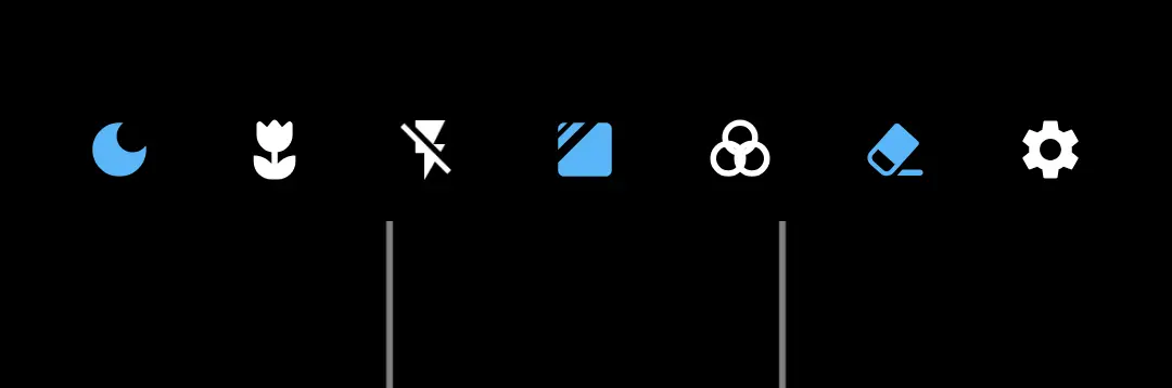 AQUOSカメラアプリの撮影設定アイコン一覧：夜景、接写（マクロ）、フラッシュ禁止、背景ぼかし、フィルター、設定