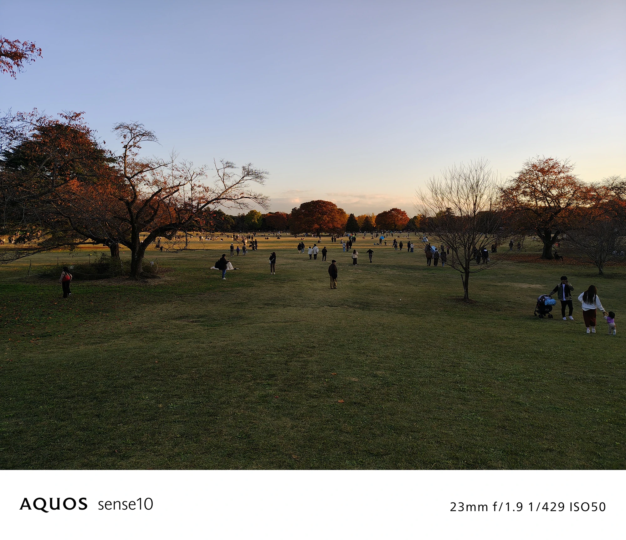 AQUOS sense10撮影サンプル：夕焼け空の下の公園と人々のスナップ（23mm f/1.9 ISO50）