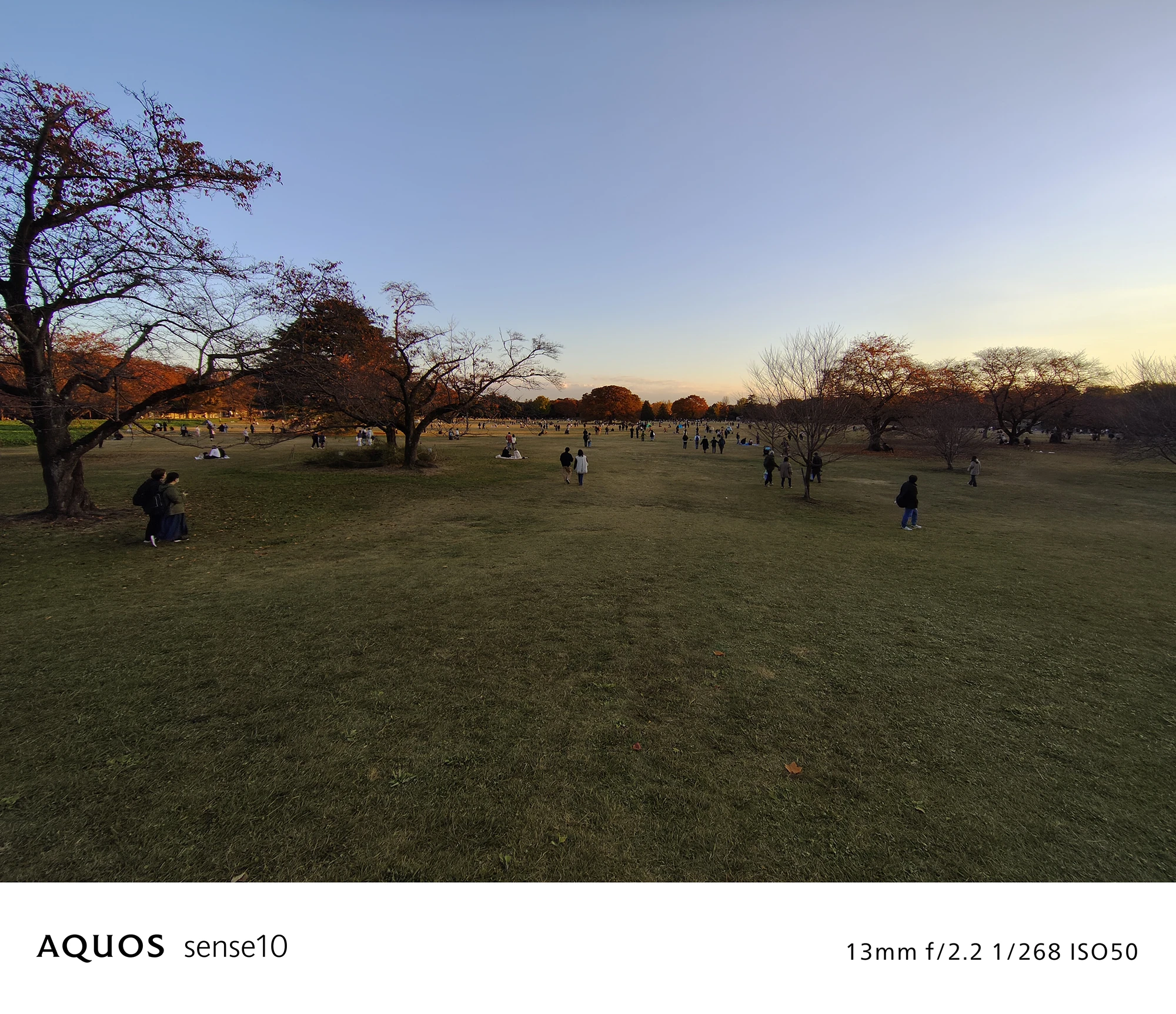 AQUOS sense10広角撮影サンプル：夕方の広場と人々のスナップ（13mm f/2.2 ISO50）