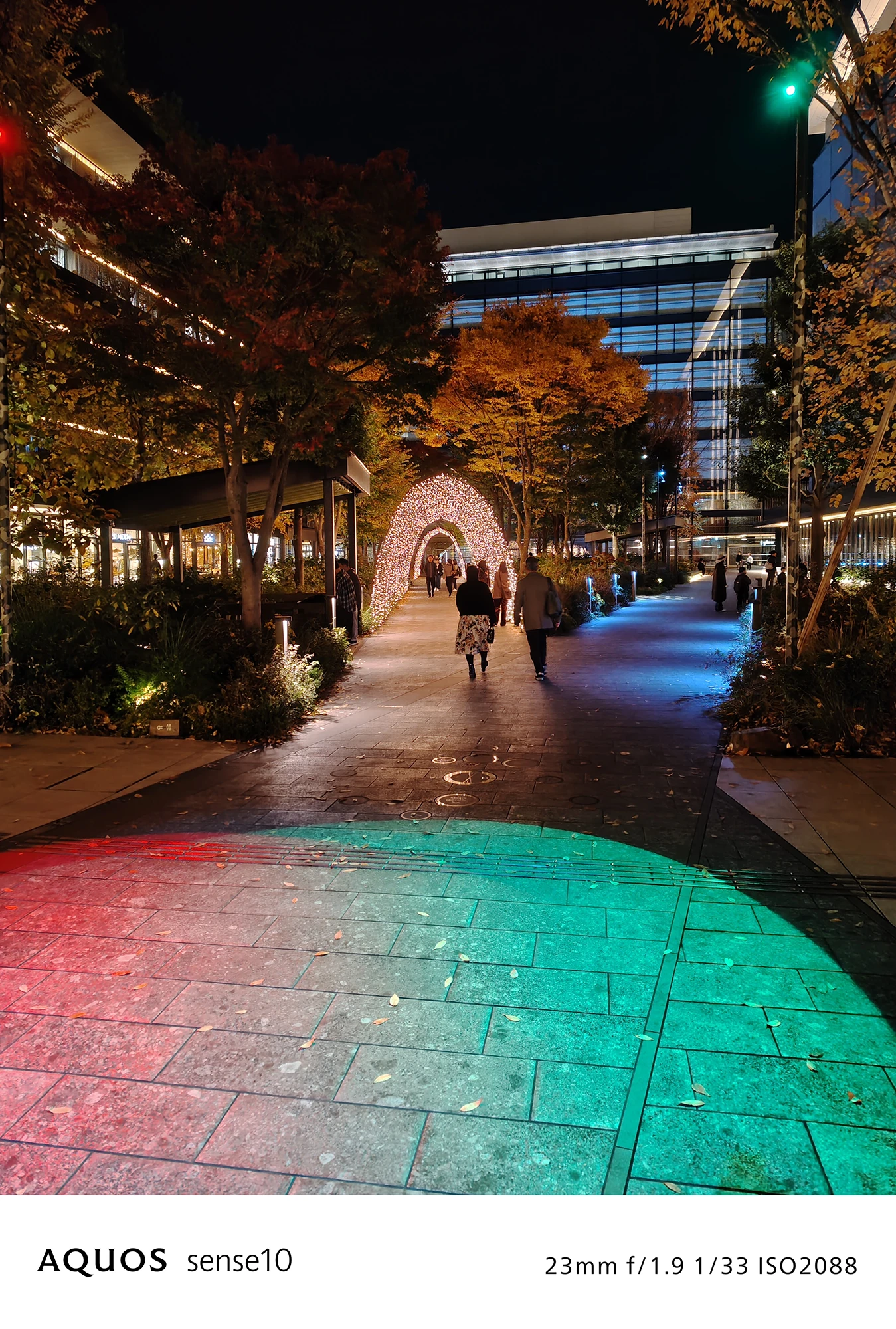 AQUOS sense10撮影サンプル：広角で捉えた**光のアーチと都会的な夜の遊歩道**（f/1.9 ISO2088）