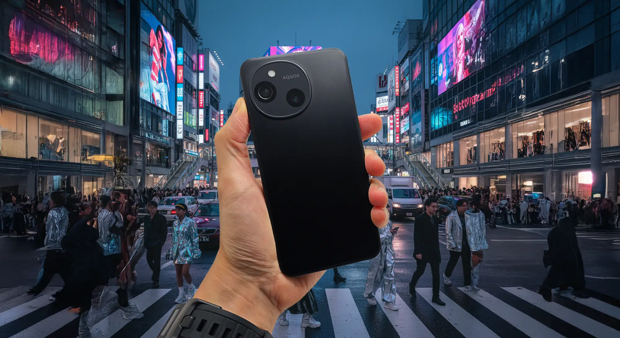 「夜の渋谷スクランブル交差点で、人混みの前に手で持たれたAQUOSスマートフォンの背面をアップで撮影した構図。街頭ビジョンのネオンが輝き、横断歩道を歩く人々の動きがブレて写り、都会の喧騒とスマホの質感が際立つシーン。」