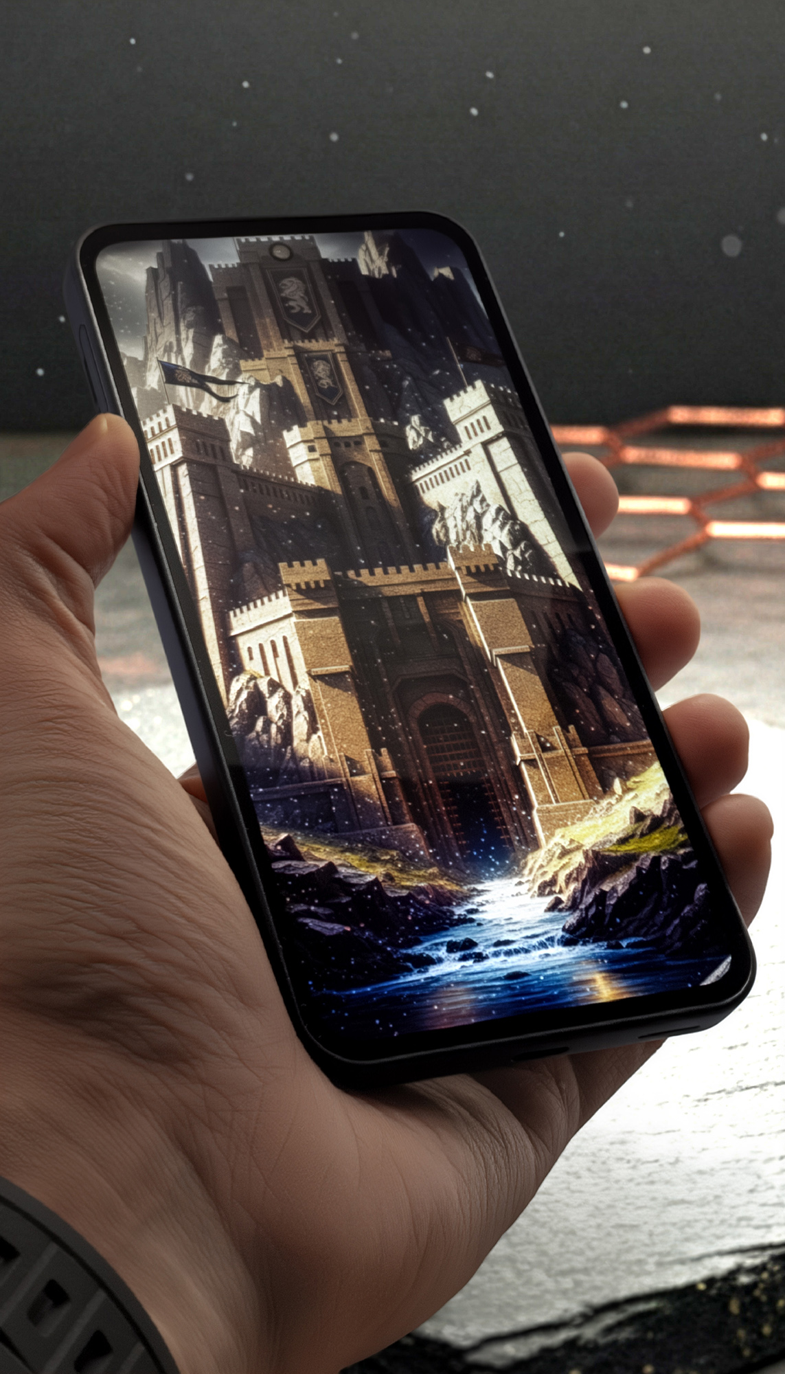 スマートフォンを片手で持ち、画面にファンタジー風の巨大な城と川のイラストを表示している様子。画面いっぱいに広がる映像と狭いベゼルが、高い没入感を強調。イラストの暗部と光のコントラスト表現から、有機ELディスプレイの画質の高さがうかがえる。