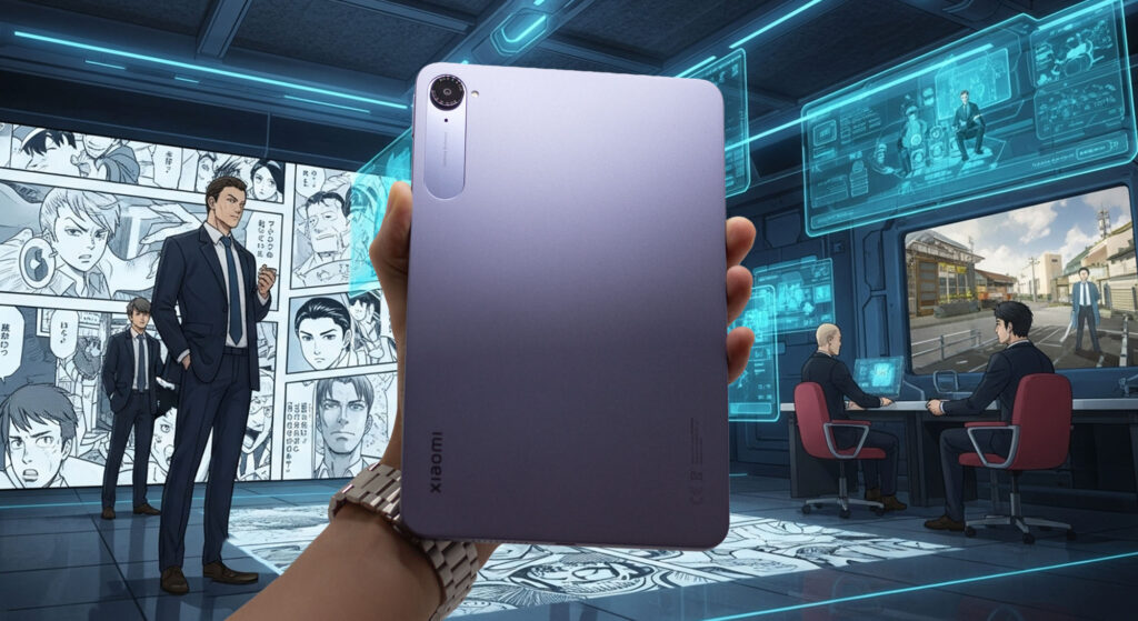 Xiaomi Pad Miniの背面を前に手に持っている合成画像。背景はマンガとイラストが融合したような近未来的なオフィス空間。