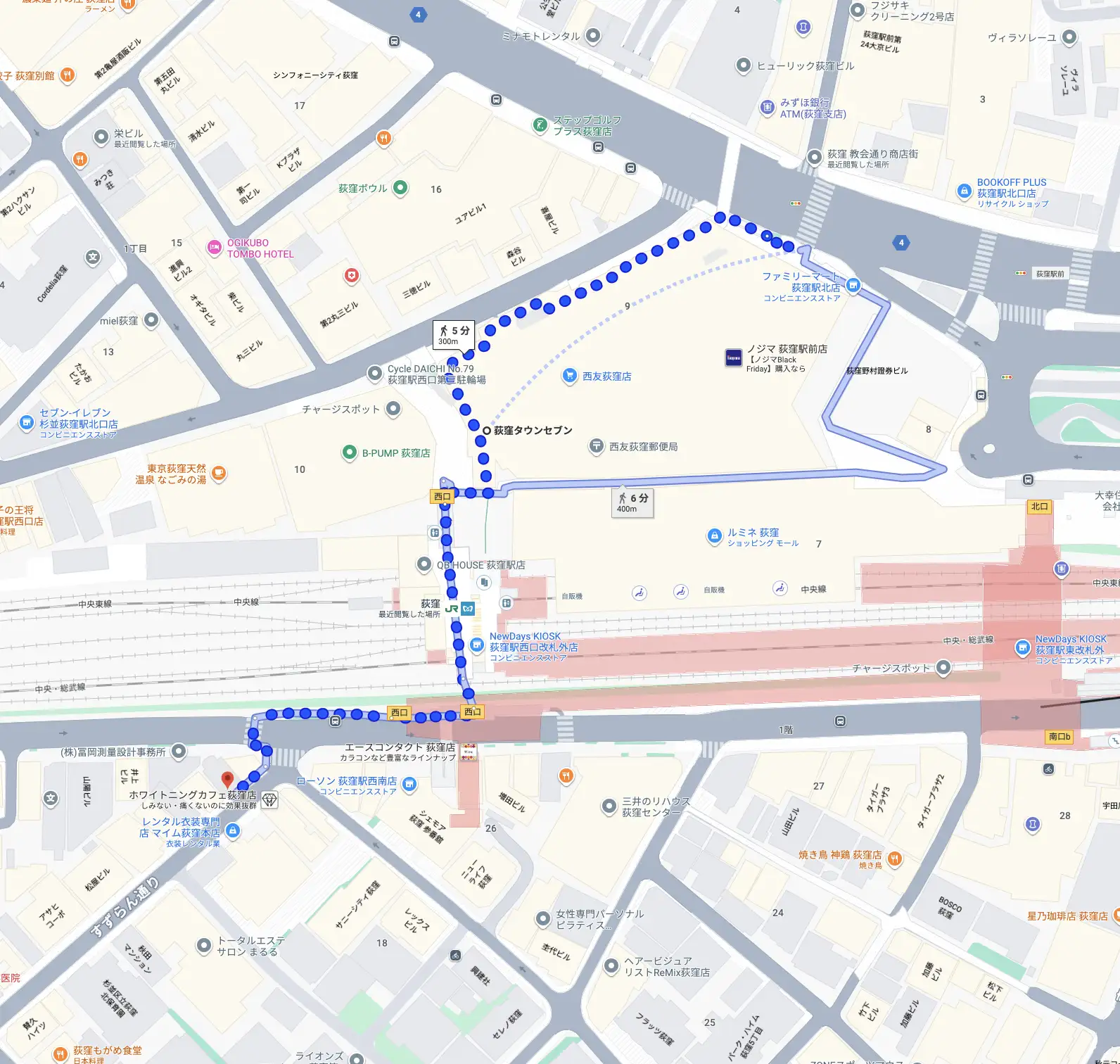 荻窪駅周辺の複雑なルートを示す地図。東側から西側へ駅周辺を巡る道順