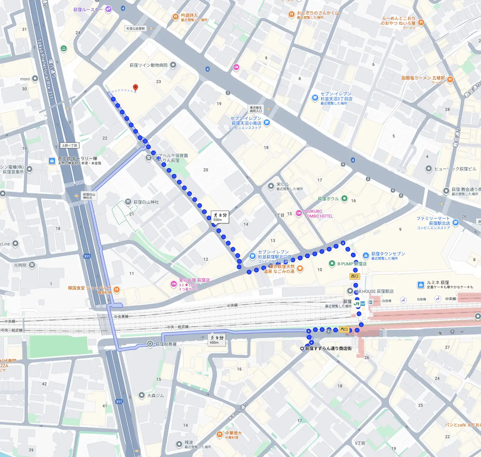 荻窪駅からの複数の道順を示す地図。徒歩8分と9分の2つのルートが表示されている